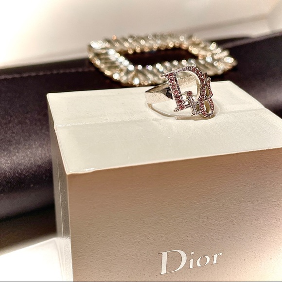 W/Box* AUTHENTIC DIOR palladium logo motif ring with pink Swarovski Crystals - Picture 7 of 7